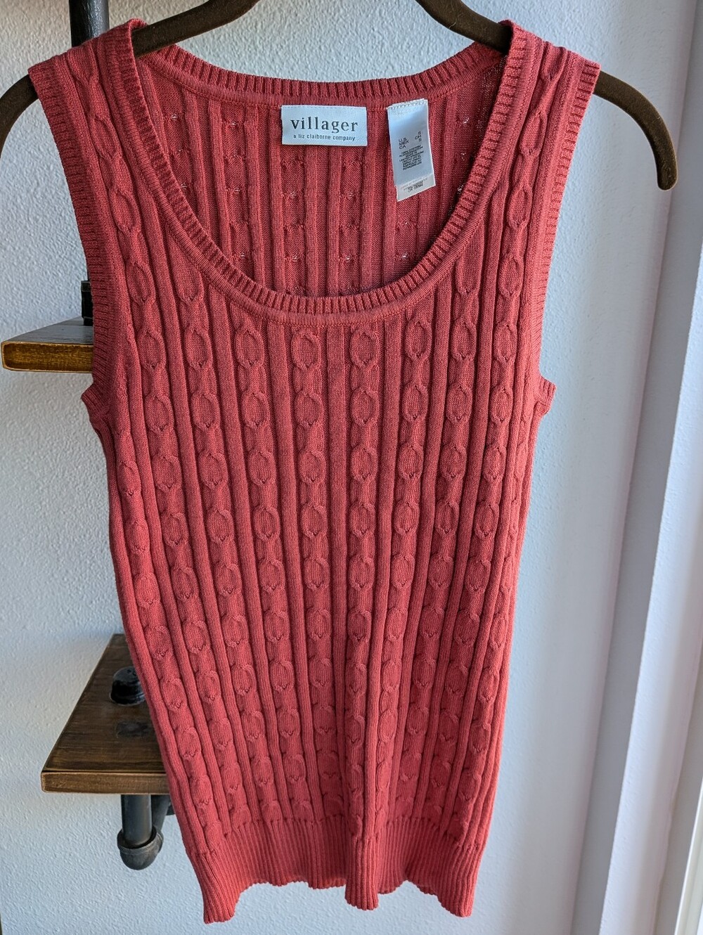 Vintage Villager Liz Claiborne Red Cable Knit Sweater Tank Top Small 100% Cotton